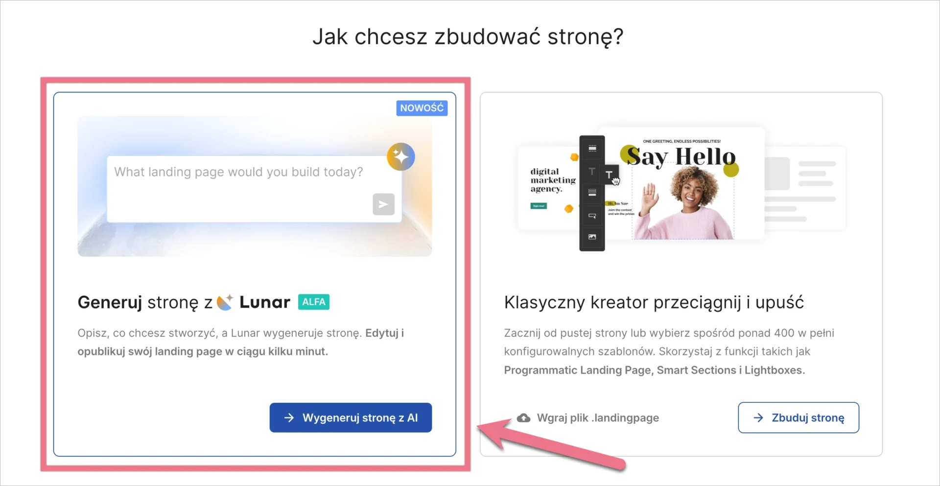 Wybranie opcji Generuj stronę z Lunar AI w Landingi.