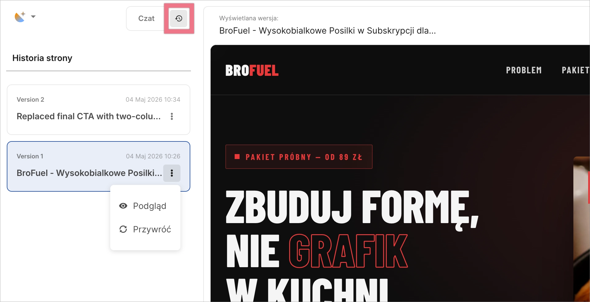 Widok historii strony z opcjami podglądu lub przywrócenia poprzedniej wersji.
