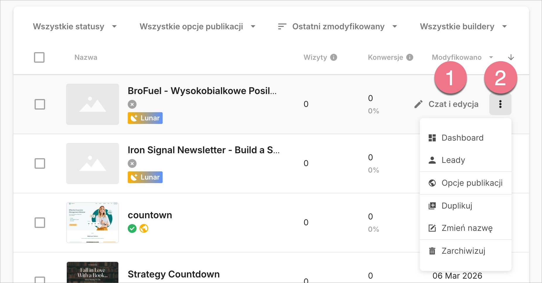 Landing page z Lunara na liście stron docelowych z funkcją "Czat i edycja" oraz innymi opcjami