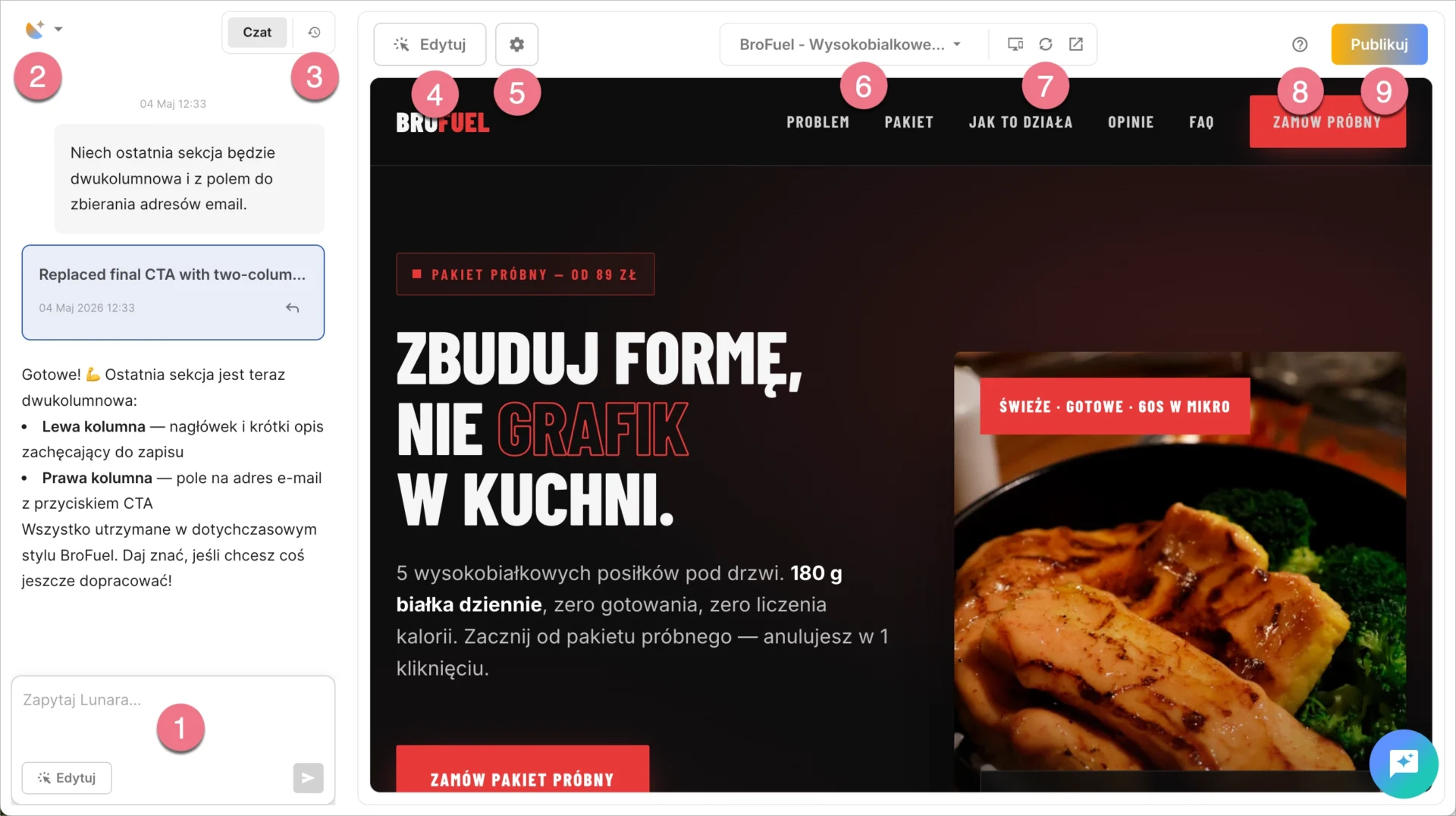 Strona wygenerowana przez AI, zawierająca czat, opcje strony, ustawienia oraz przycisk publikacji