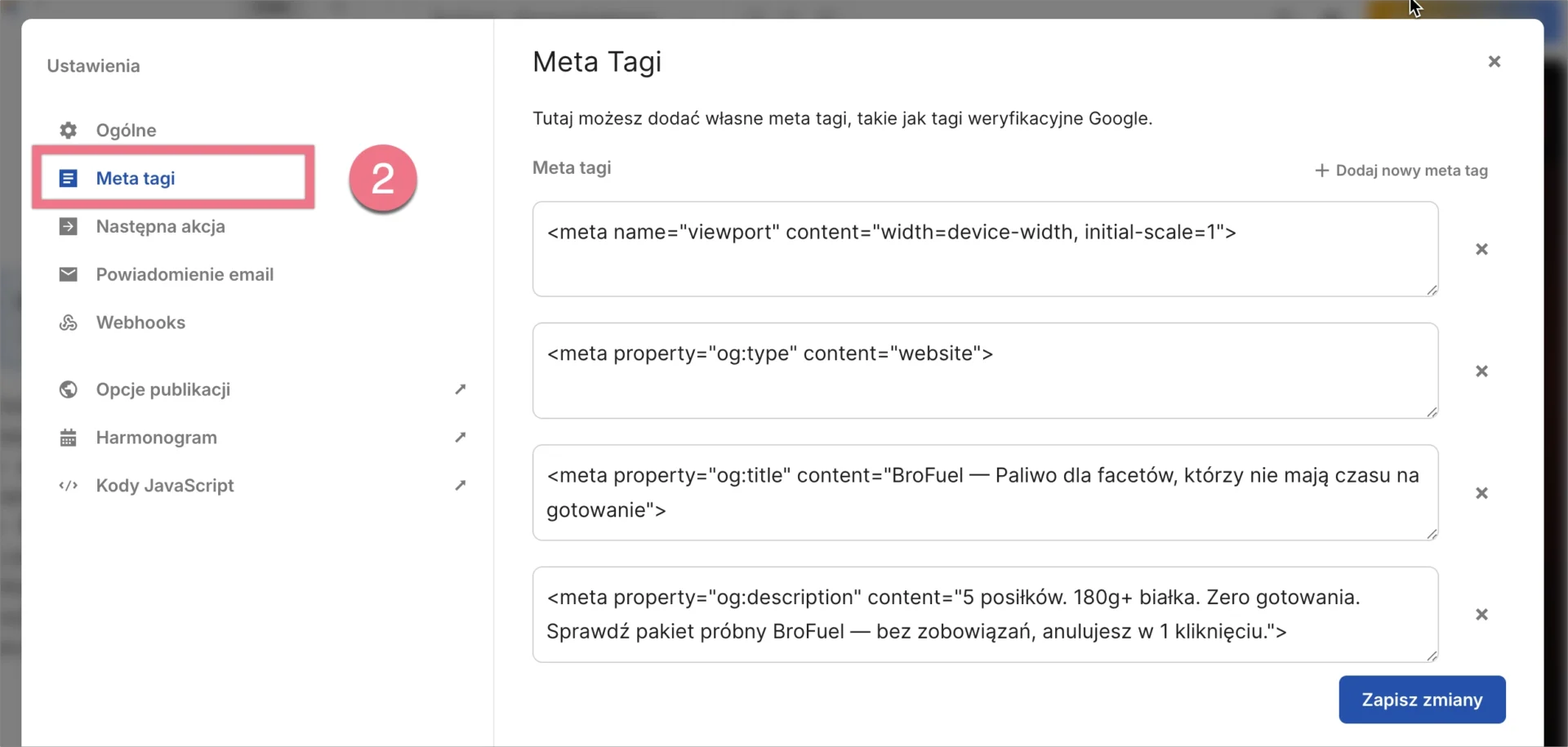 Ustawienia metatagów dla landing page'a wygenerowanego przez Lunar.