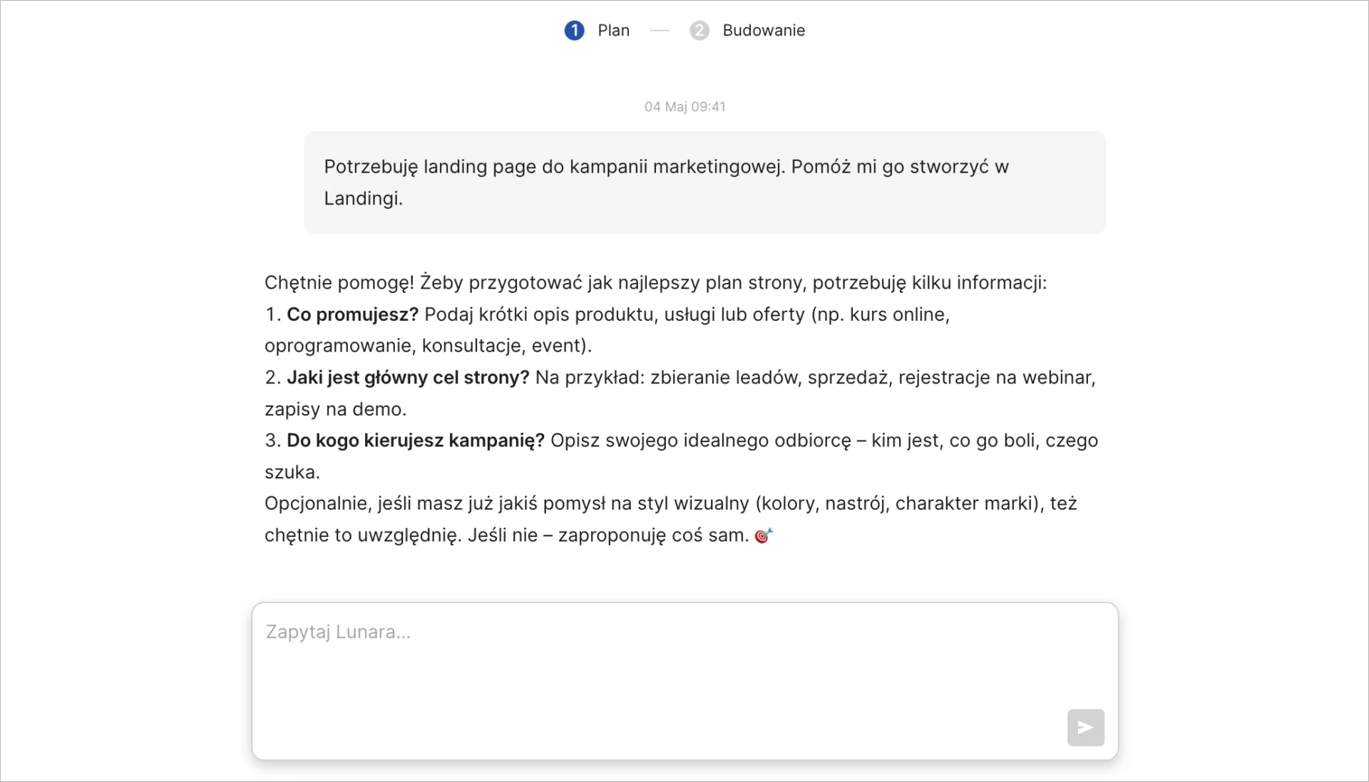 Lunar opracowuje plan landing page'a na podstawie briefu kampanii.