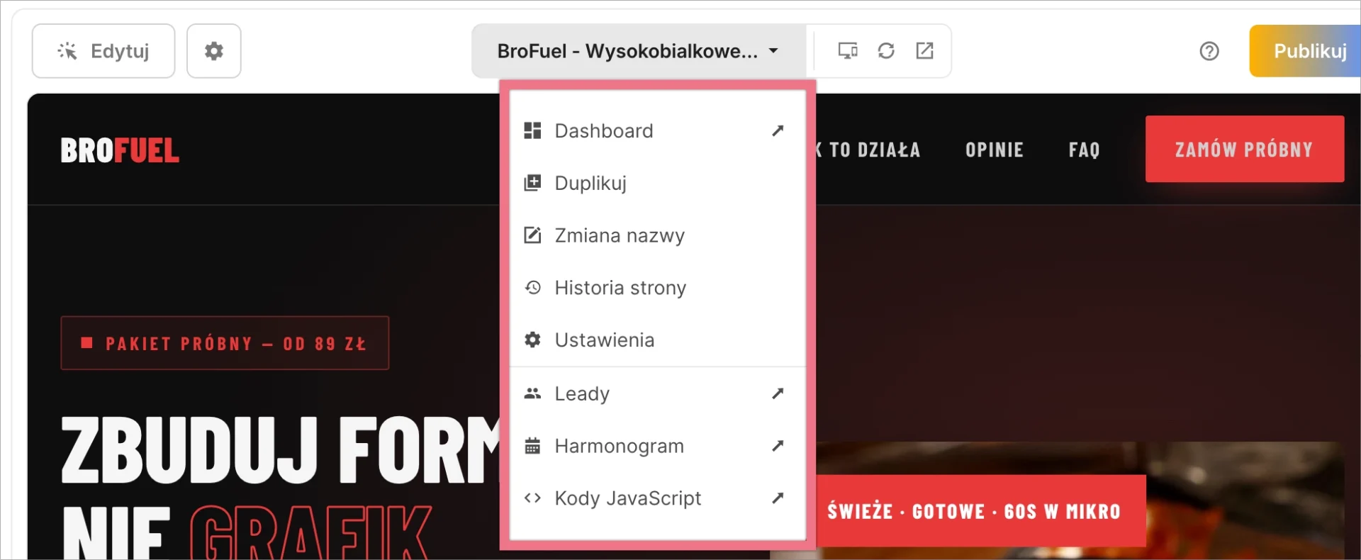 Menu opcji strony w Lunarze zawierające Dashboard, funkcje duplikowania, zmiany nazwy, ustawienia, listę leadów, harmonogram oraz kody JavaScript.
