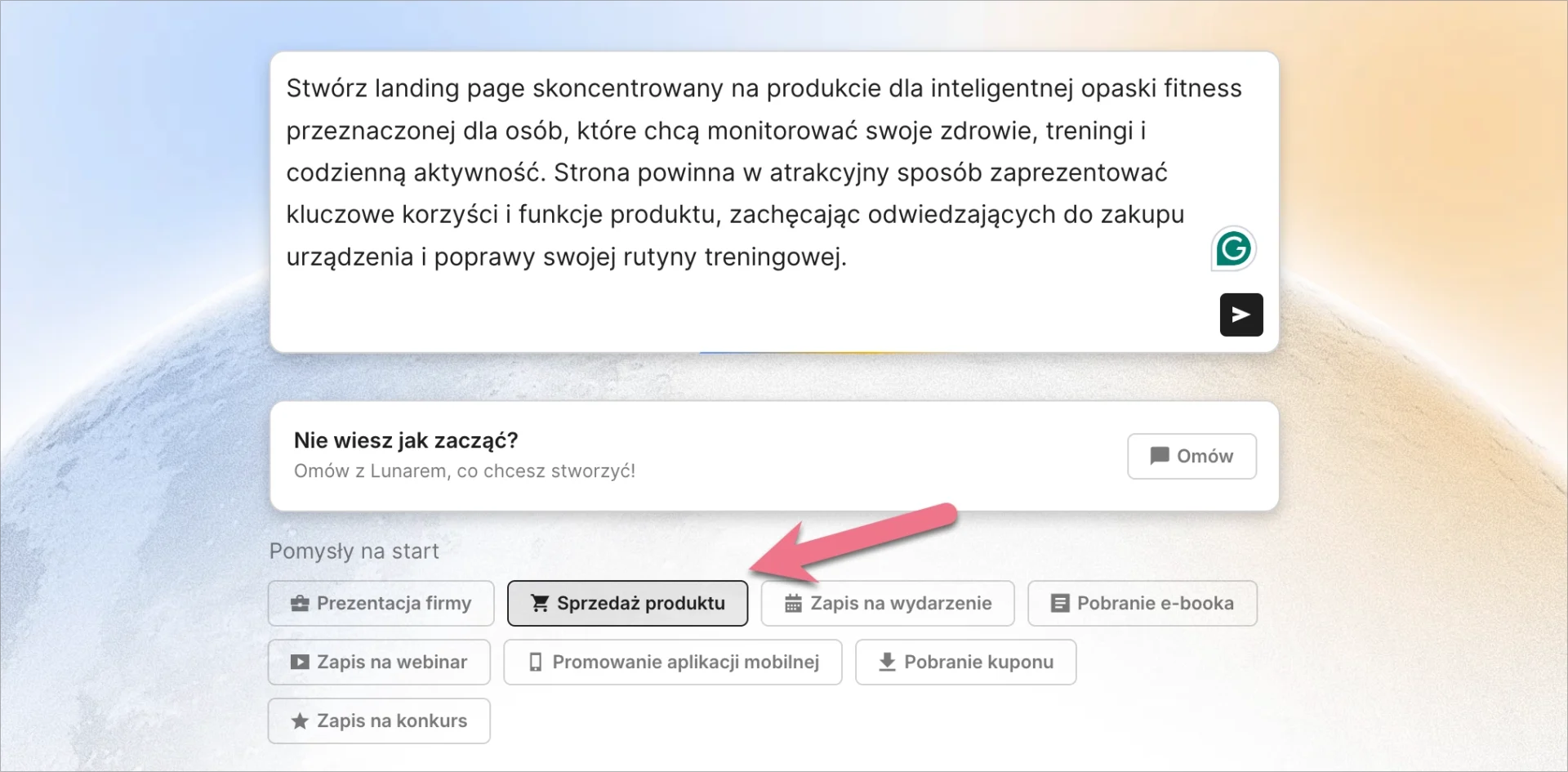 Wykorzystanie propozycji promptów do Lunara do stworzenia planu landing page'a.
