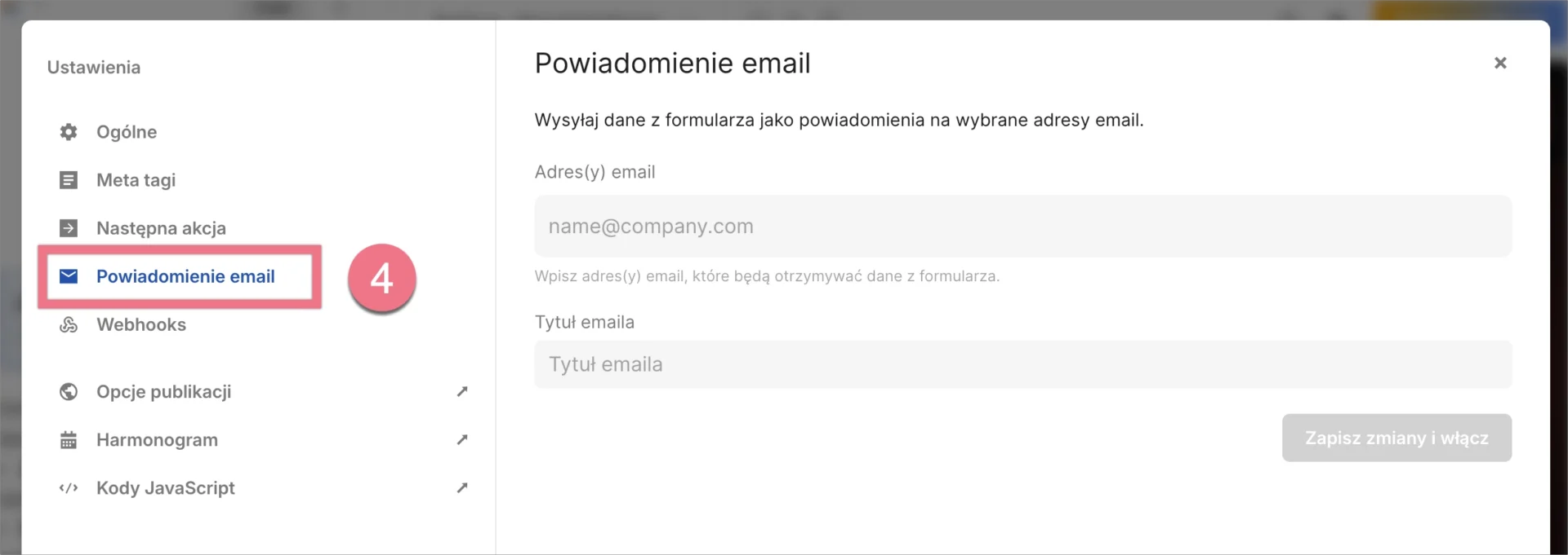 Ustawiania powiadomień email dla landing page'a wygenerowanego przez AI