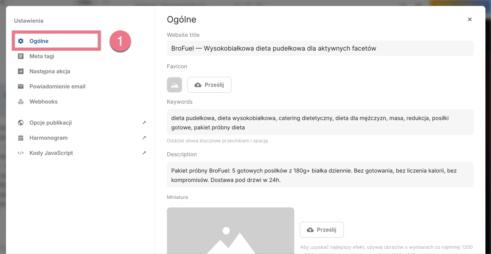 Ogólne ustawienia landing page'a wygenerowanego przez Lunar, w tym tytuł, słowa kluczowe, opis i miniaturka.