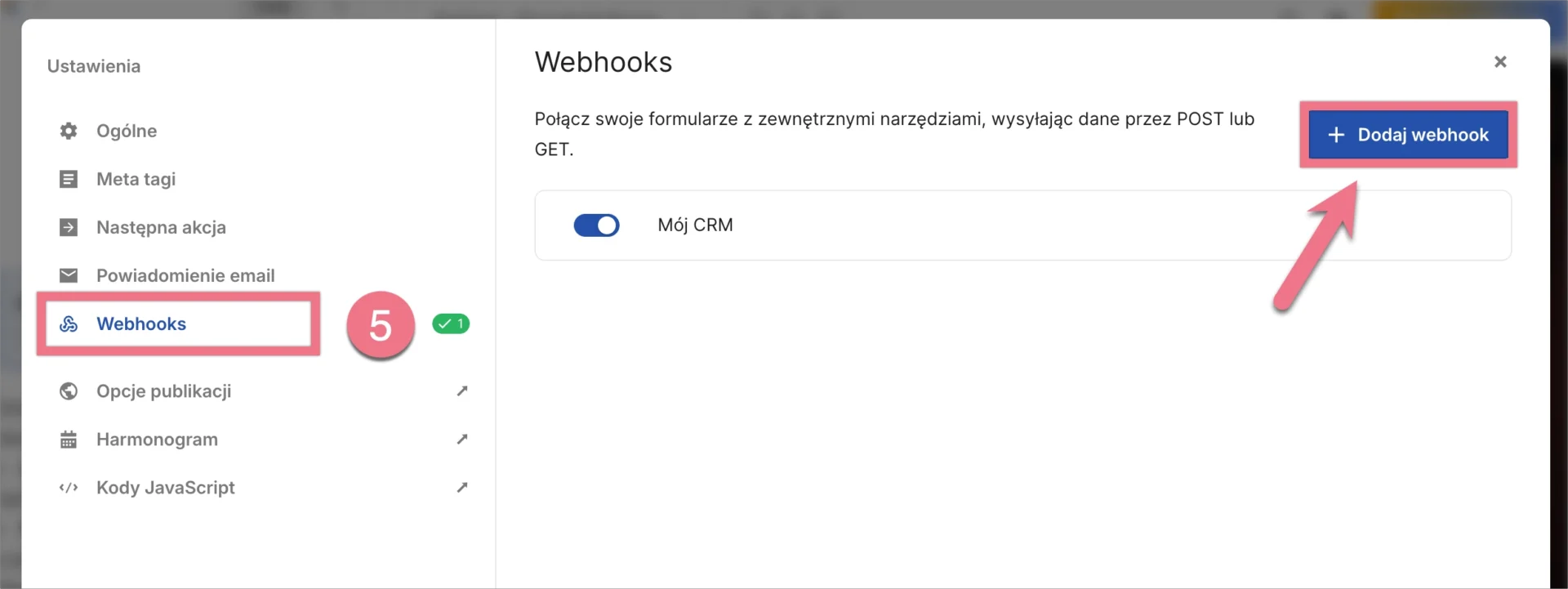 Zakładka Webhooki w ustawieniach strony AI z włączoym webhookiem i podświetlonym przyciskiem Dodaj webhook.