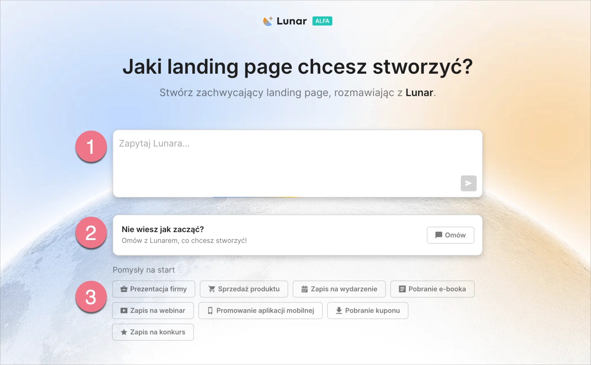 Ekran startowy Lunar z polem wprowadzania promptów, opcją "Omów" oraz sugerowanymi pomysłami.