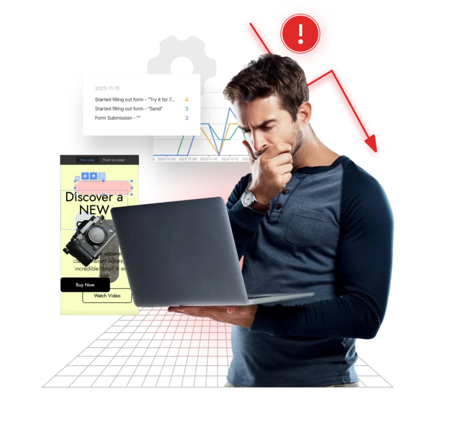 Marketer analyzing landing page performance and form data
