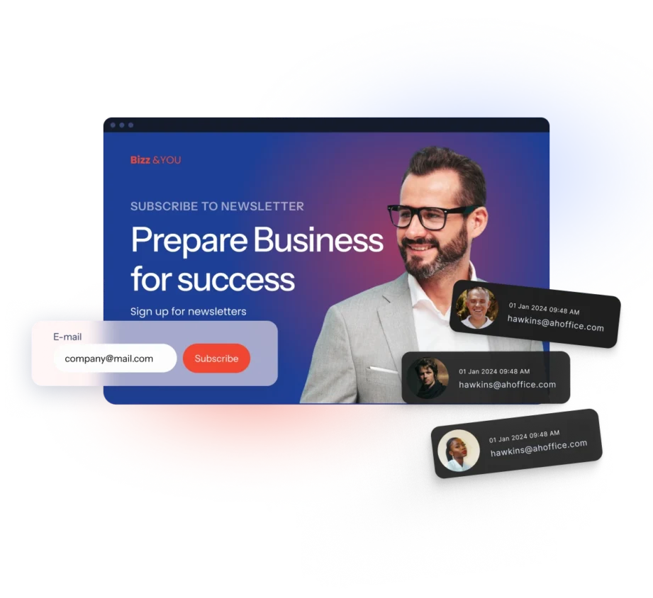 Newsletter landing page with form submissions and lead data