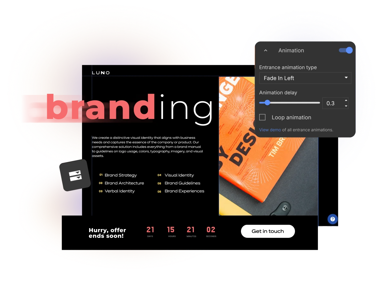 Landing page animation settings in the landing page builder
