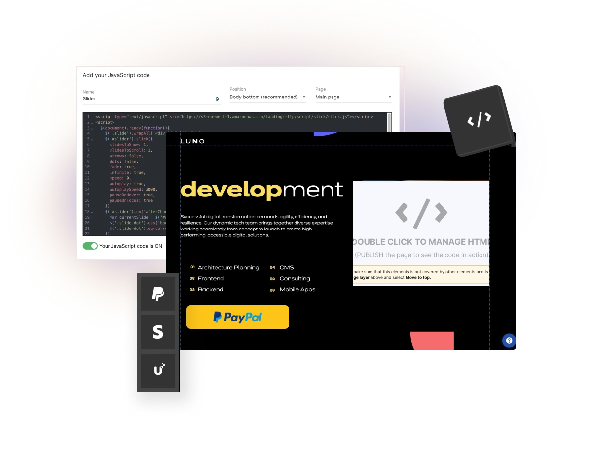 Custom code and payment elements in Landingi