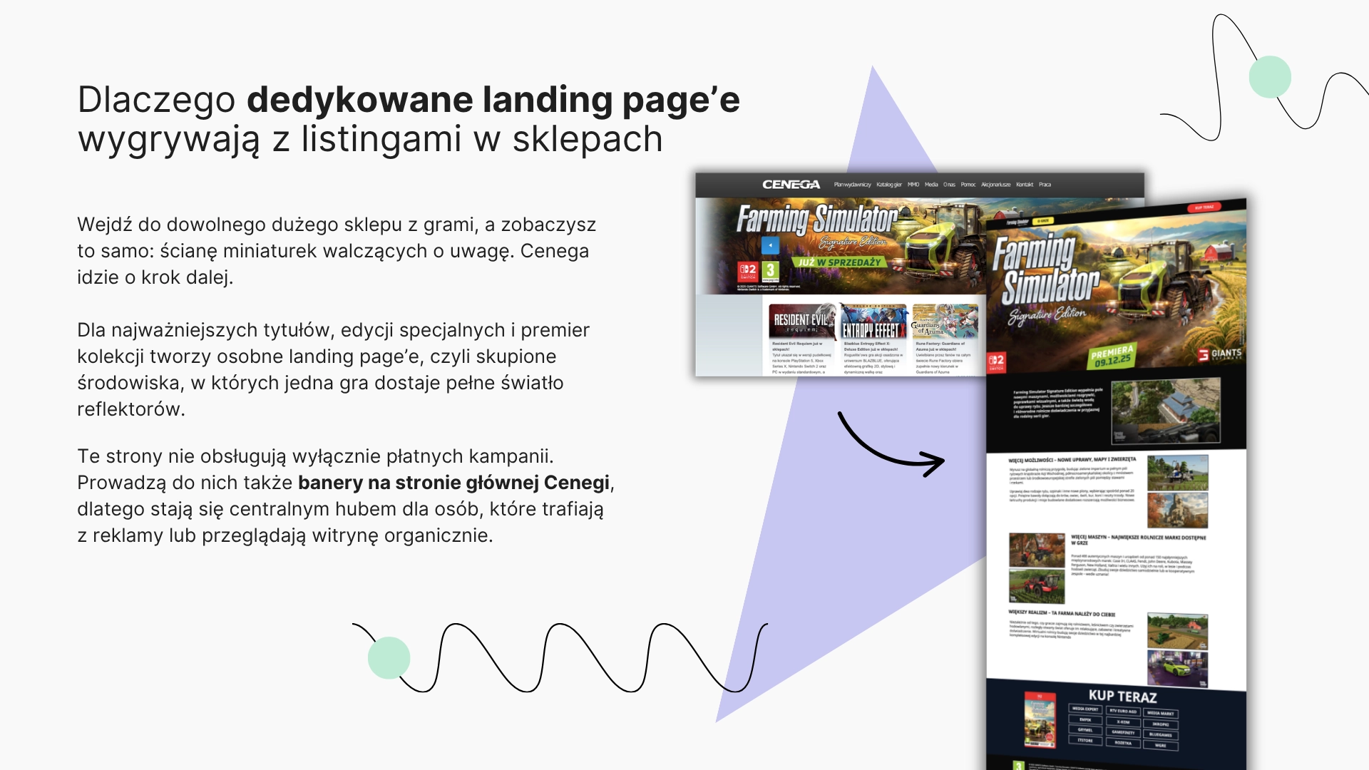 Landing page gry Farming Simulator na tle strony Cenegi