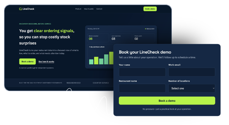 Landing page aplikacji do zarządzania zapasami w restauracji z formularzem demo