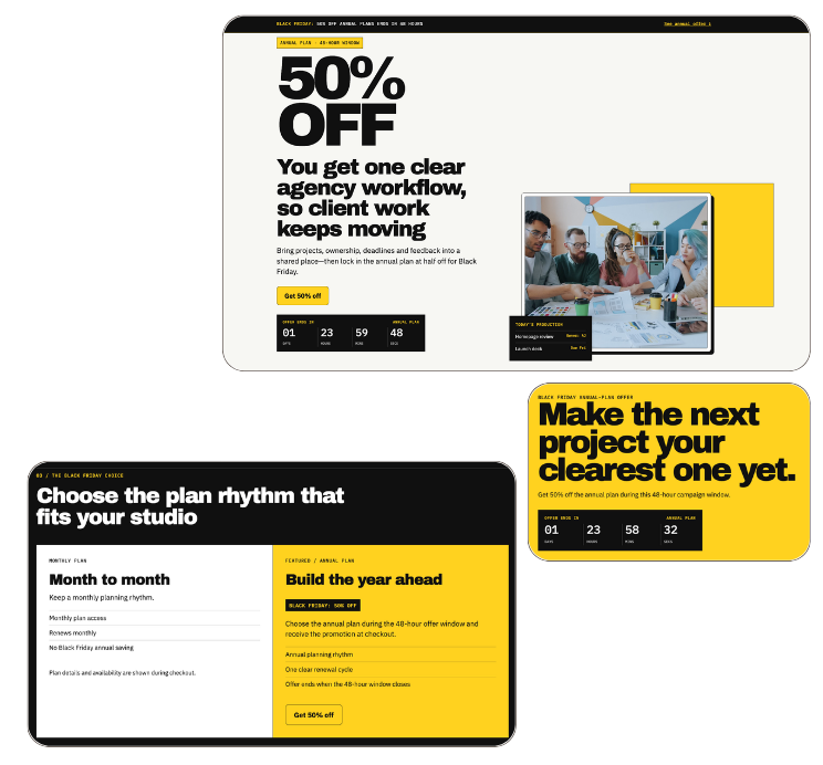 Landing page poświęcony Black Friday dla SaaS z ofertą 50% zniżki