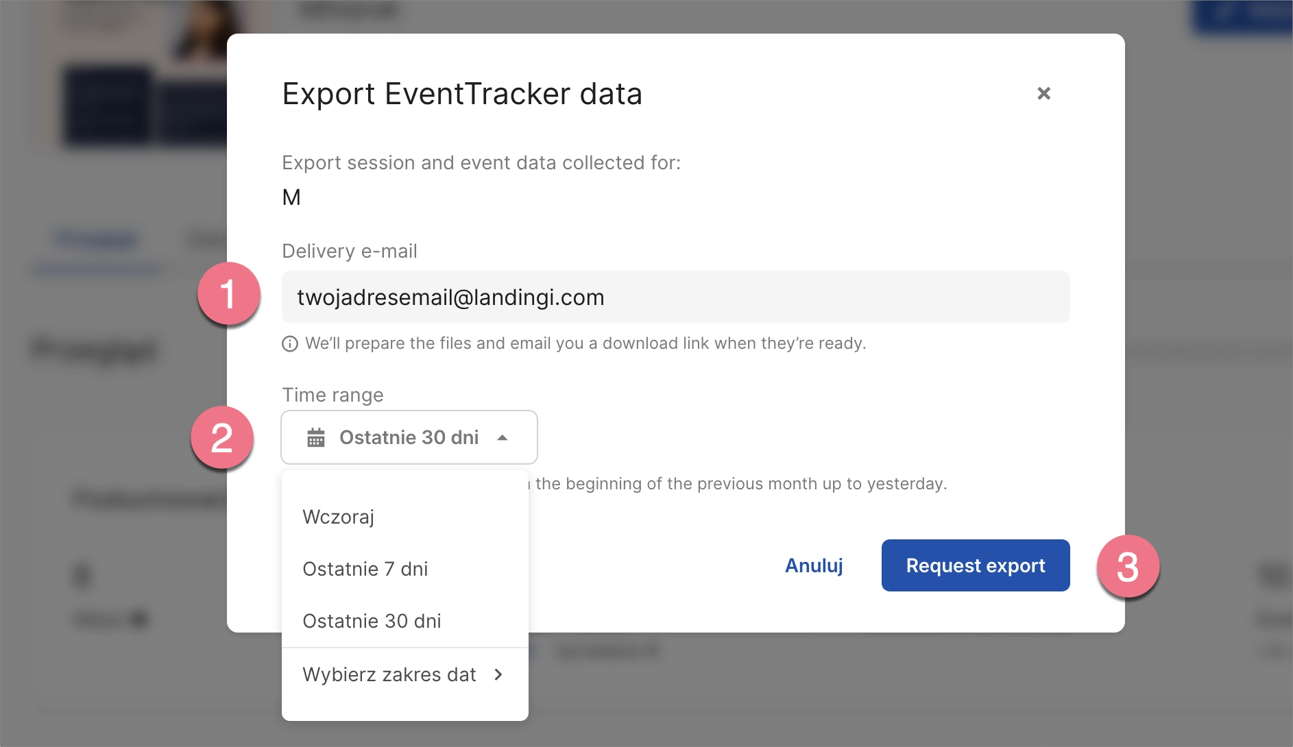 Okno eksportu danych z EventTrackera