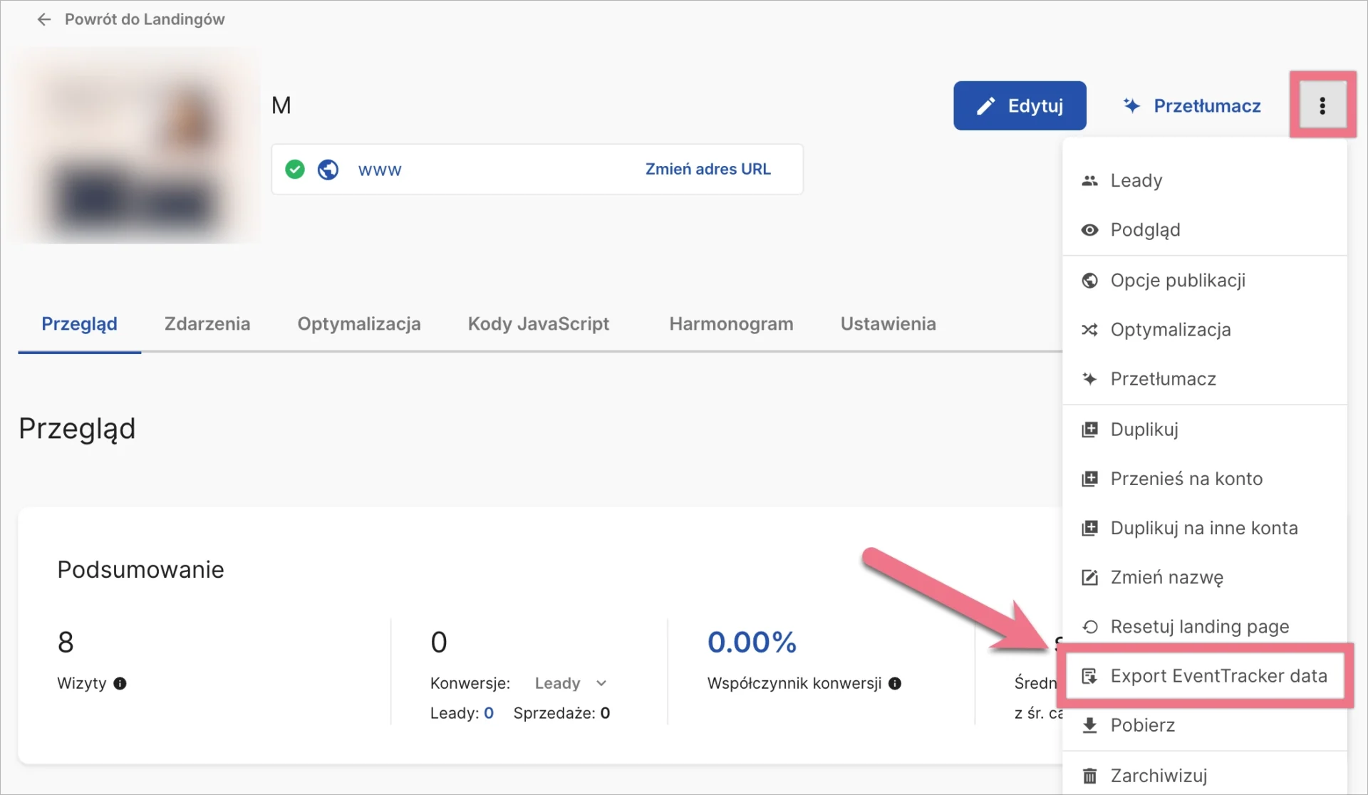 Eksport danych z EventTrackera w Dashboardzie landing page’a