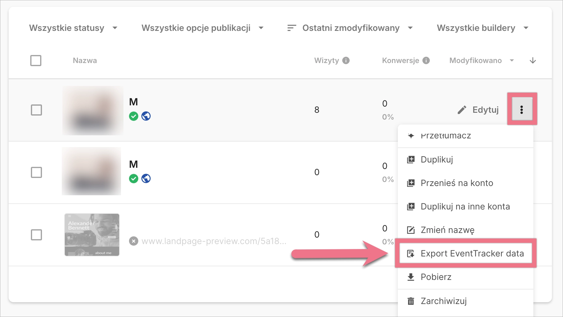 Eksport danych z EventTrackera z listy landing page’y