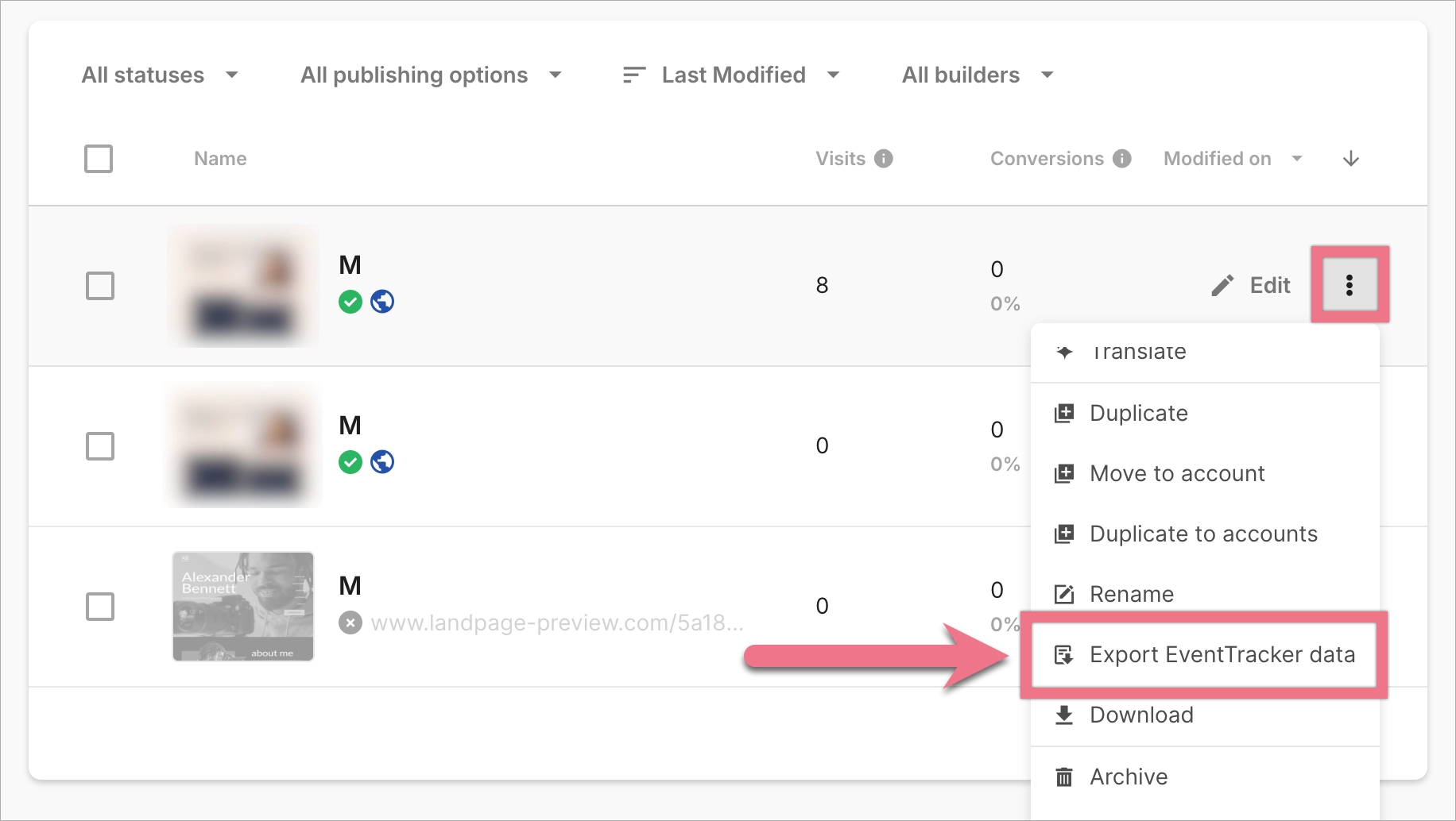 Export EventTracker data on the landing page list