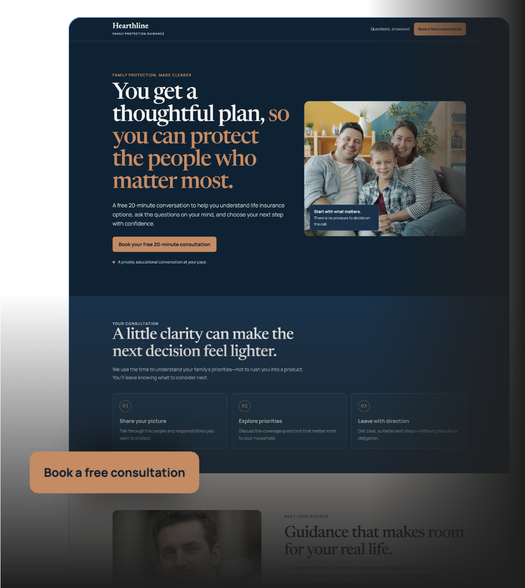 Landing page konsultacji ubezpieczenia na życie z przyciskiem CTA umożliwiającym umówienie się