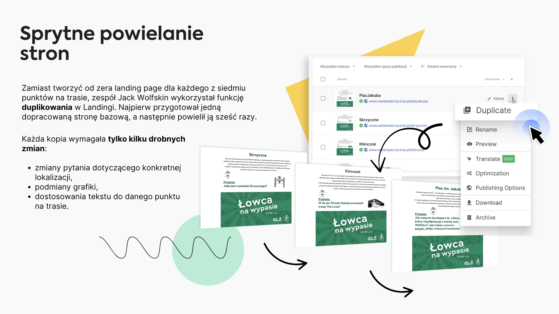 Duplikowanie landing page’y dla kolejnych punktów gry terenowej w Landingi.