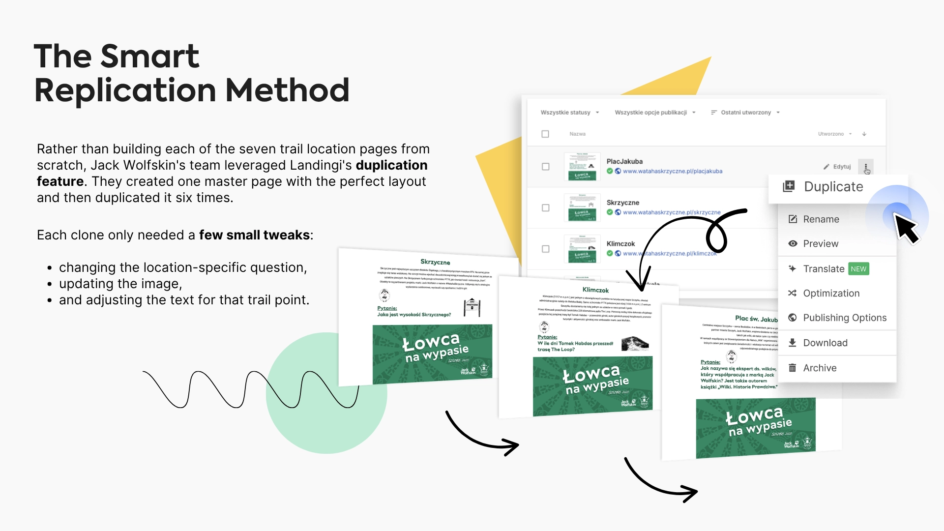 Duplicating Jack Wolfskin trail landing pages in Landingi for different locations.