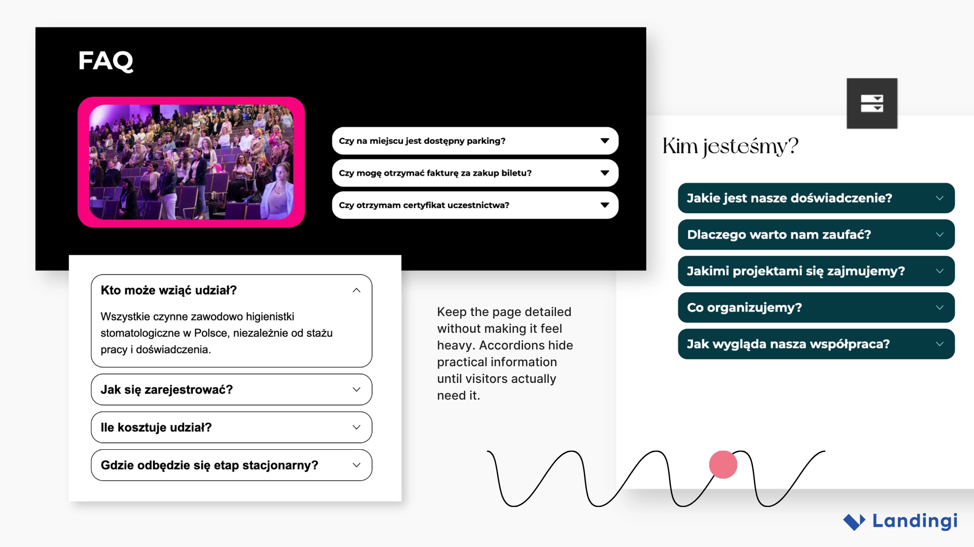 Accordion FAQ sections used across dental event landing pages
