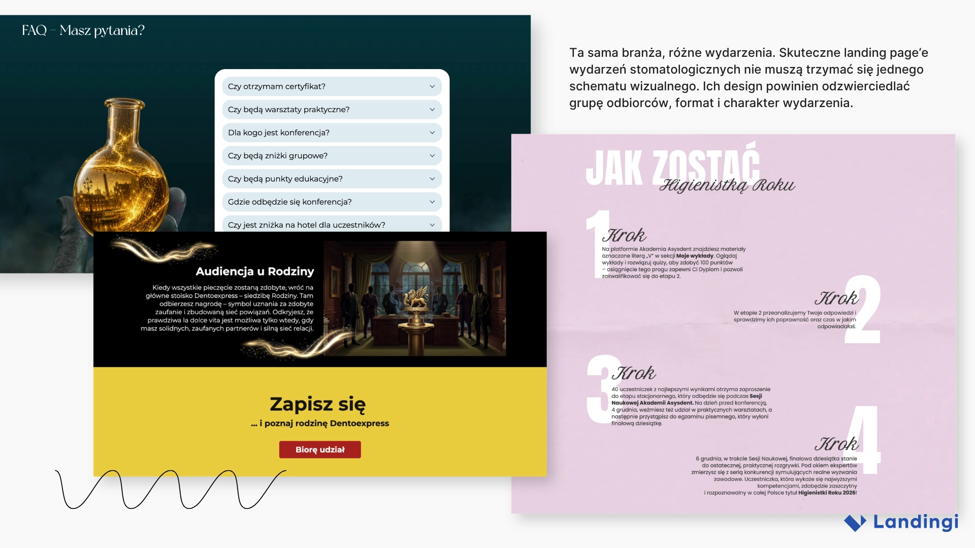 Landing page’e wydarzeń stomatologicznych z sekcjami FAQ, interaktywną grą i informacjami o konkursie Higienistka Roku