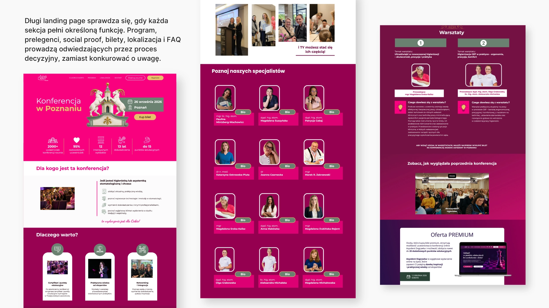 Sekcje landing page’a dentystycznego prezentujące program konferencji, prelegentów, warsztaty i ofertę biletową