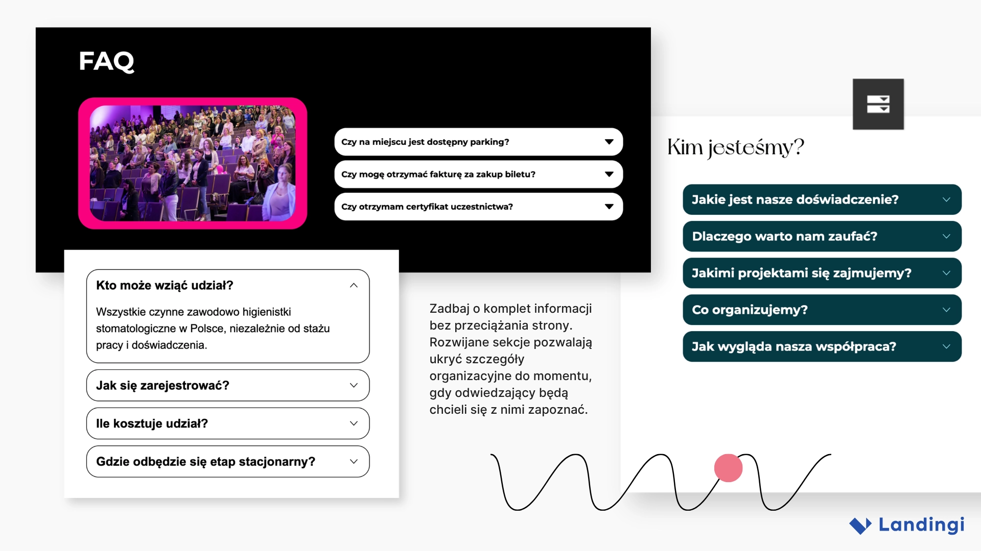 Rozwijane sekcje FAQ na landing page’ach wydarzeń stomatologicznych, zawierające odpowiedzi na pytania uczestników