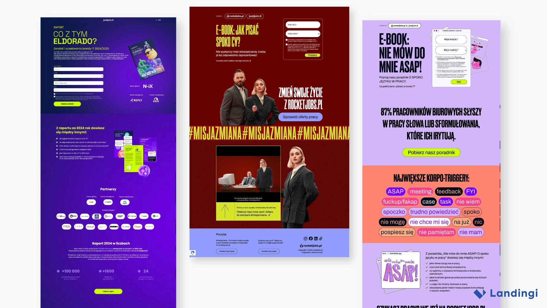 Just Join IT and RocketJobs.pl landing pages for a salary report, CV ebook, and workplace guide.