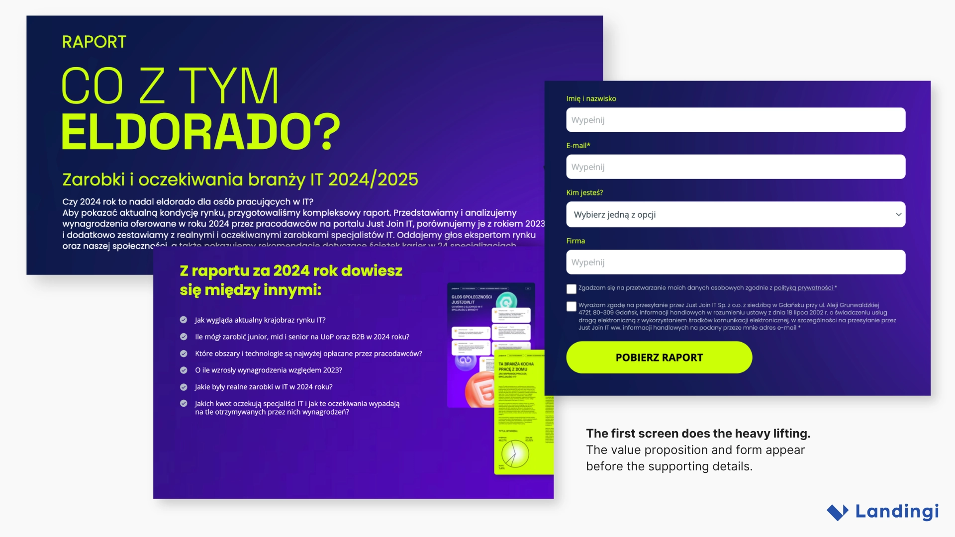 Salary report landing page with a detailed lead form placed high on the page.