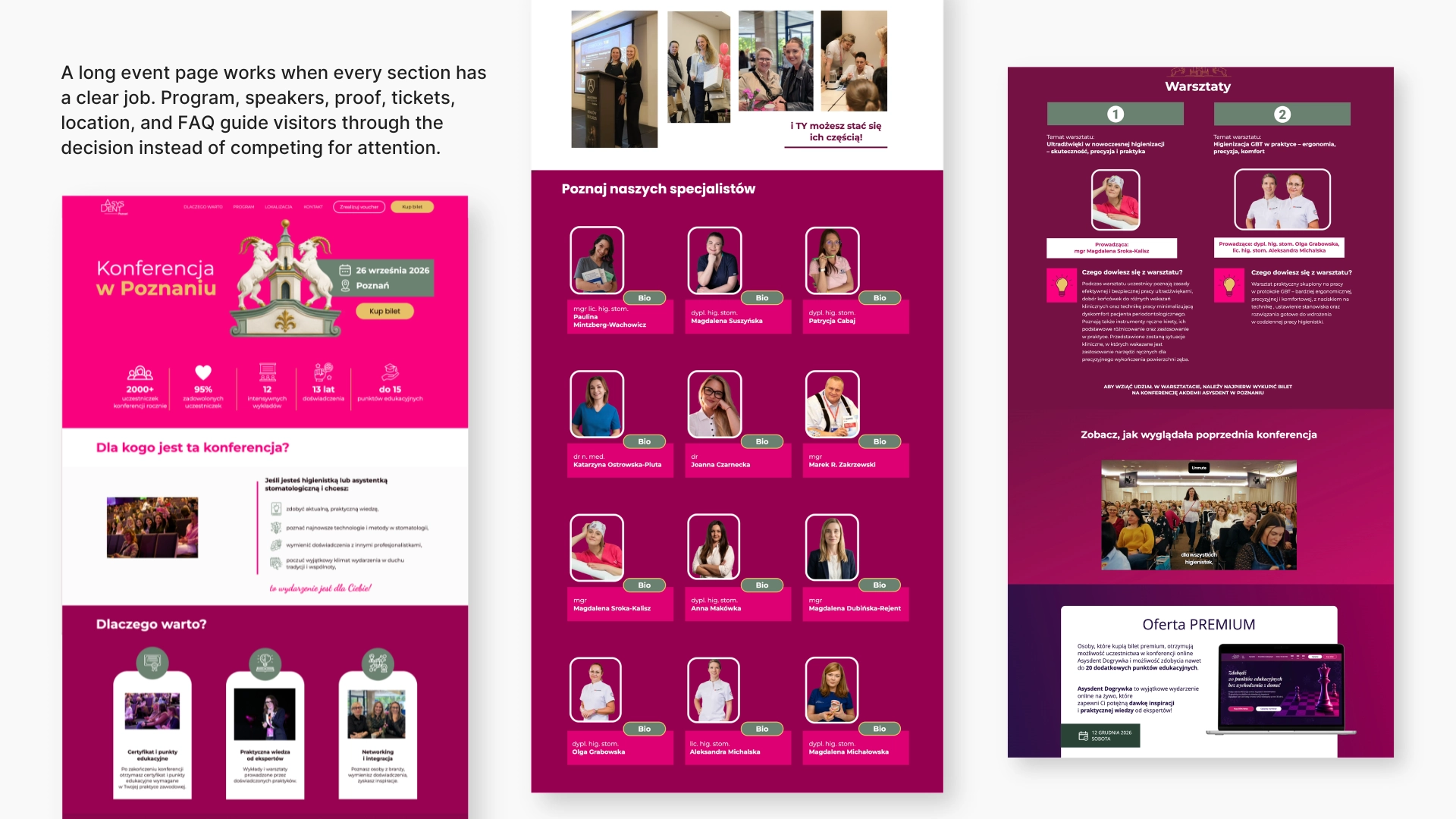 Dental event landing page sections showing the page structure, speakers, workshops, and offer