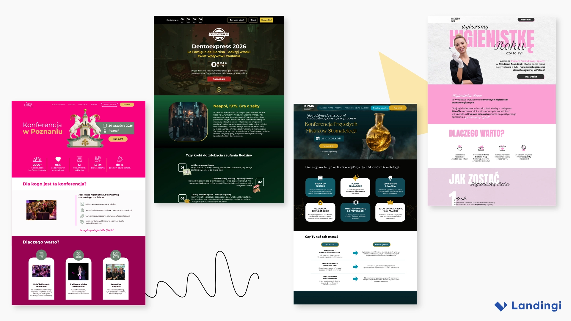 Four dentist event landing pages with distinct visual styles and event concepts