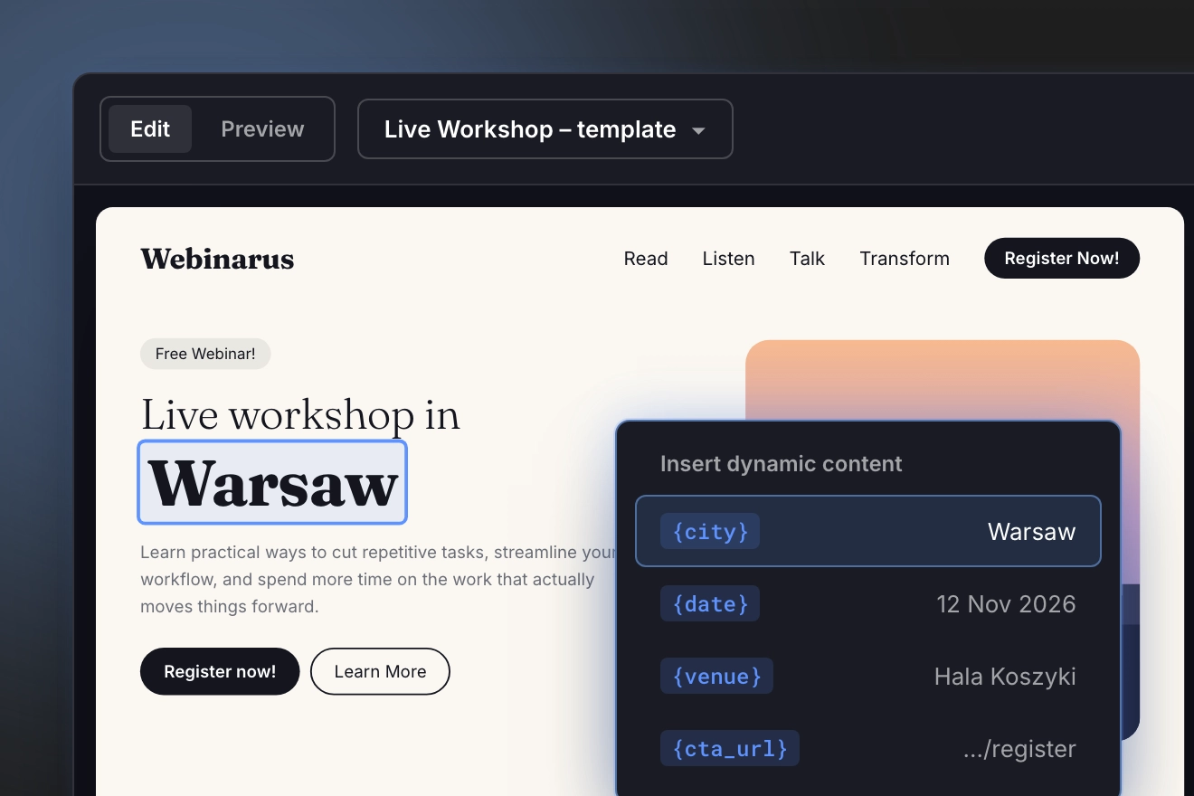 Landing Page Vorlage mit dynamischen Feldern für Stadt, Datum, Veranstaltungsort und Anmeldelink