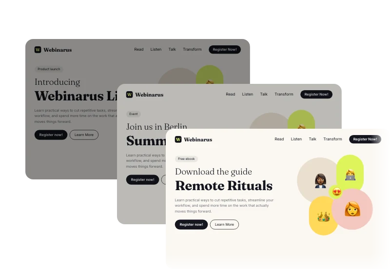Three landing pages sharing consistent brand colors, fonts, and logos