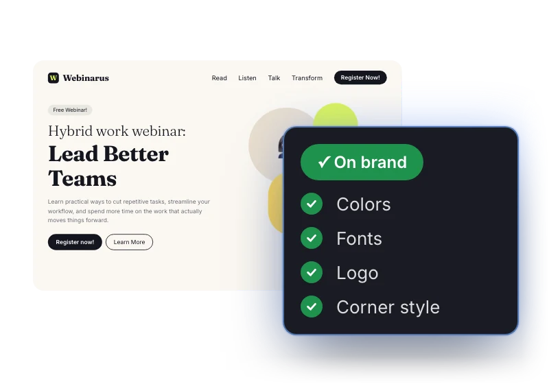 Landing page matching brand guidelines for colors, fonts, logos, and corners