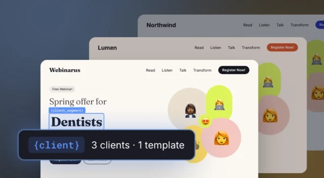 One landing page template adapted for three agency clients