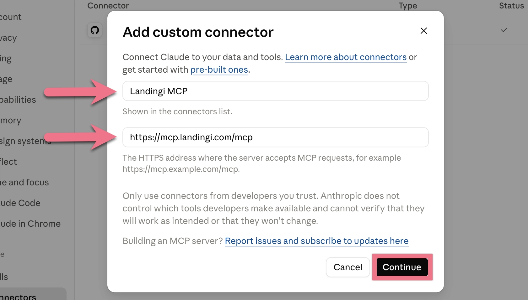 Adding a custom connector in Claude with the Landingi MCP name and server URL.