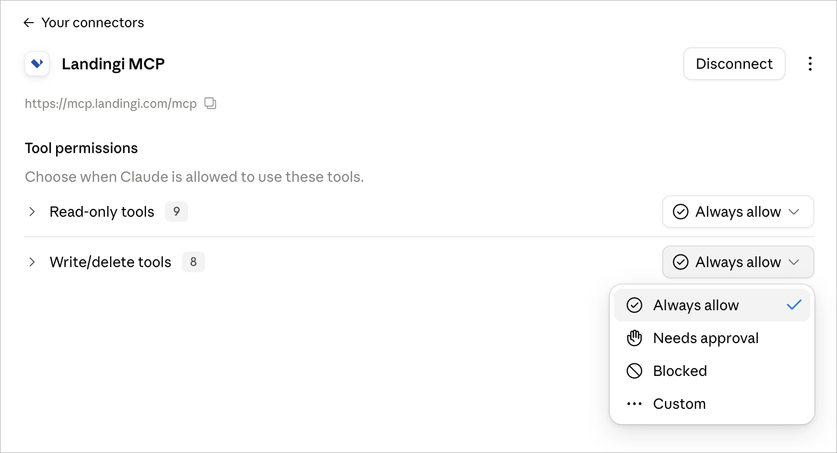 Landingi MCP tool permissions in Claude with approval options.