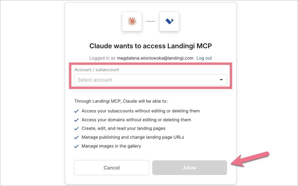 Landingi authorization screen with account selection and the Allow button.