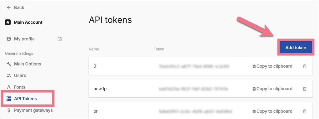 Landingi API Tokens settings with the Add token button.
