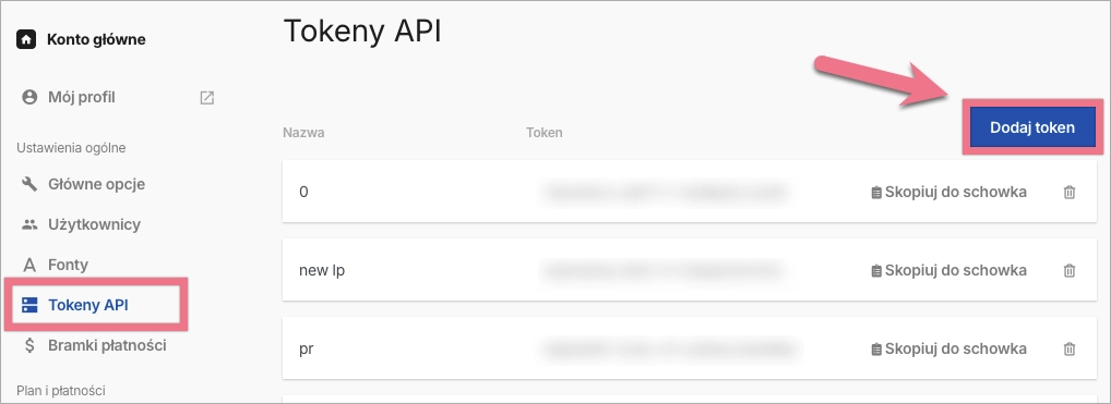 Landingi Ustawienia tokenów API za pomocą przycisku Dodaj token
