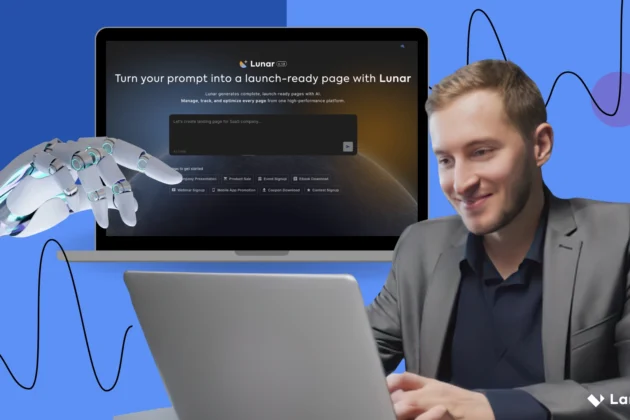 Marketer using a laptop beside Landingi&rsquo;s AI landing page builder and a robotic hand