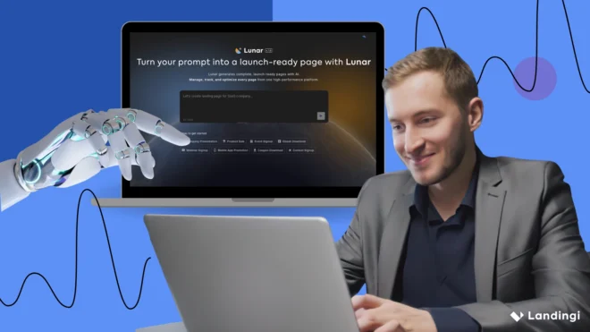 Marketer using a laptop beside Landingi’s AI landing page builder and a robotic hand