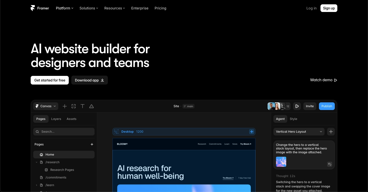 Framer AI website builder homepage showing the visual editor
