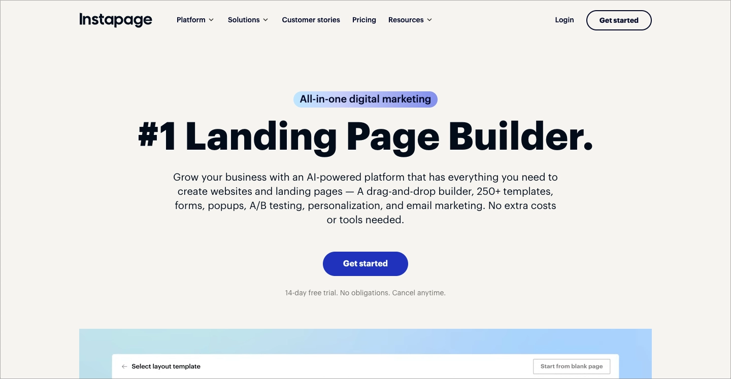 Instapage landing page builder homepage highlighting campaign creation and testing