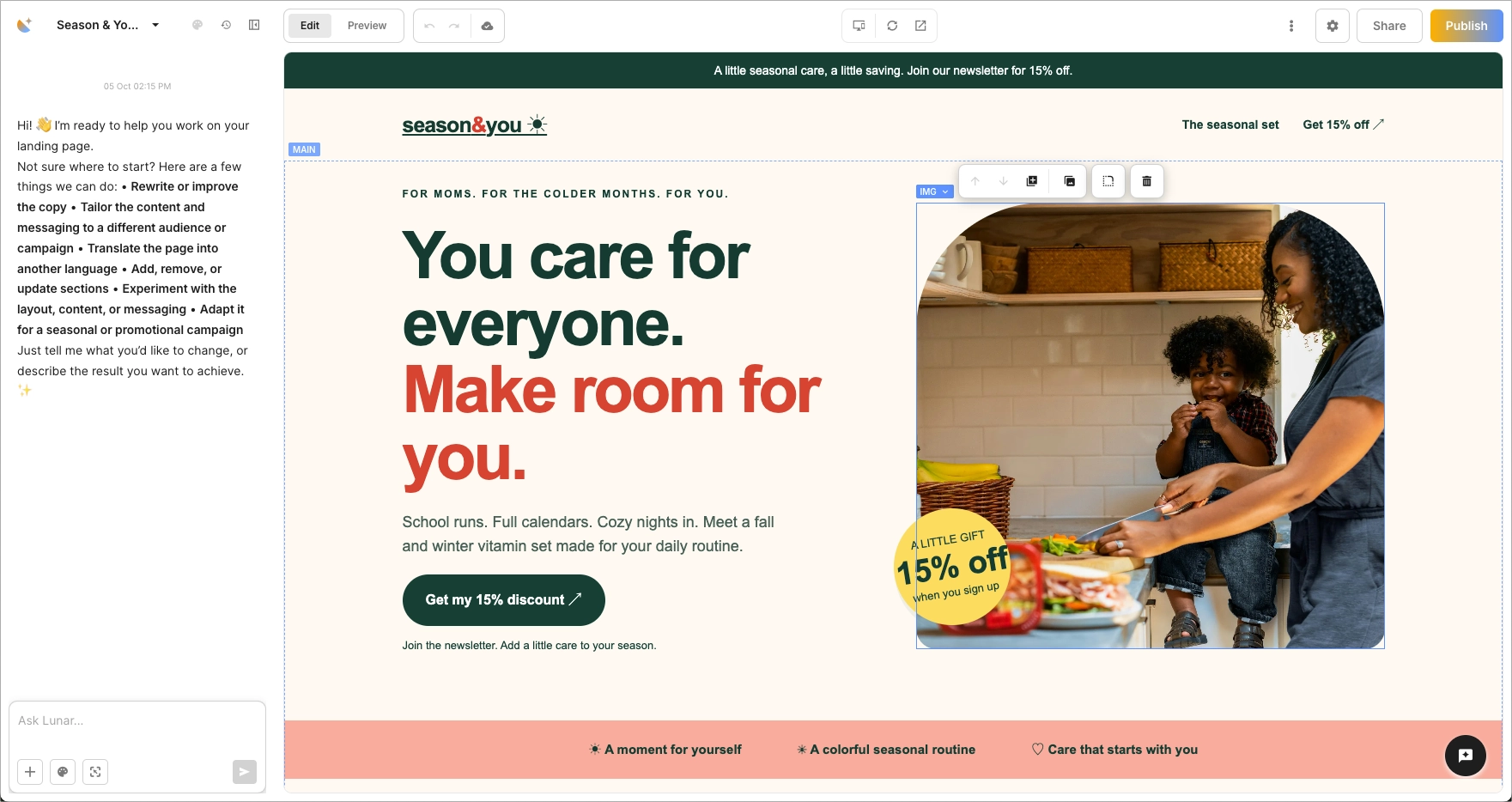 AI-generated vitamin landing page in Landingi’s editor with the photo supplied in ChatGPT.