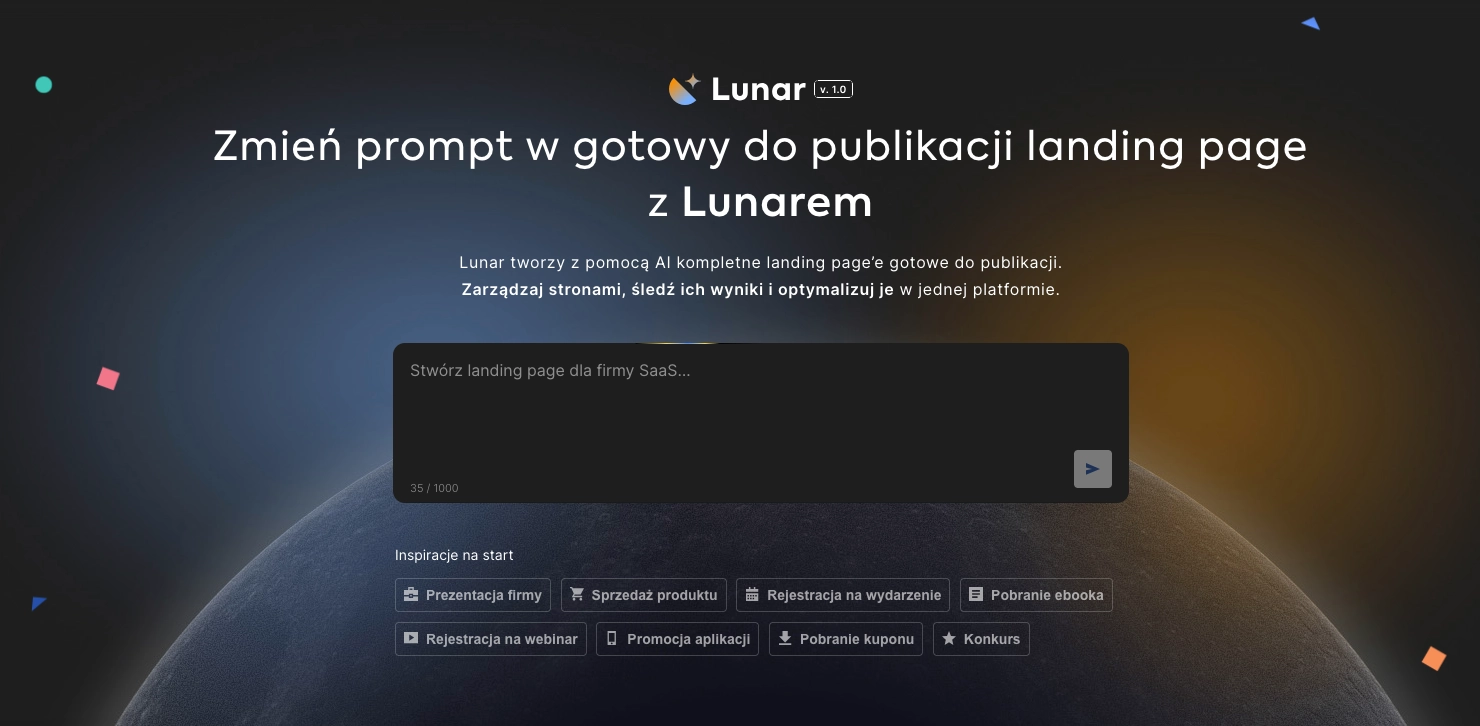Generator landing page’y Lunar AI w Landingi – pole do wpisania promptu i propozycje kampanii