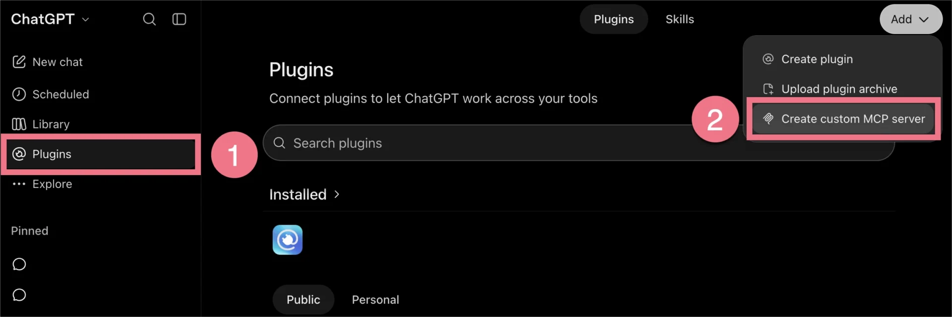 ChatGPT Plugins menu with Create custom MCP server selected.
